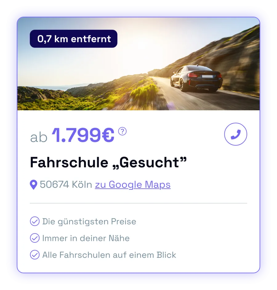 Beispielkarte: Vergleich einer Fahrschule mit Preis und Leistungen